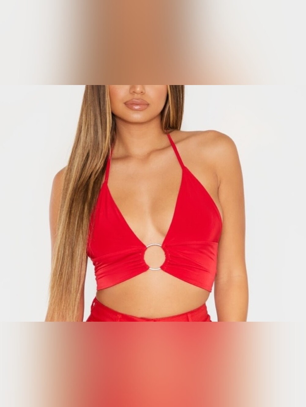 PrettyLittleThing Red Halter Bralette Top with Front Ring Detail Size 8